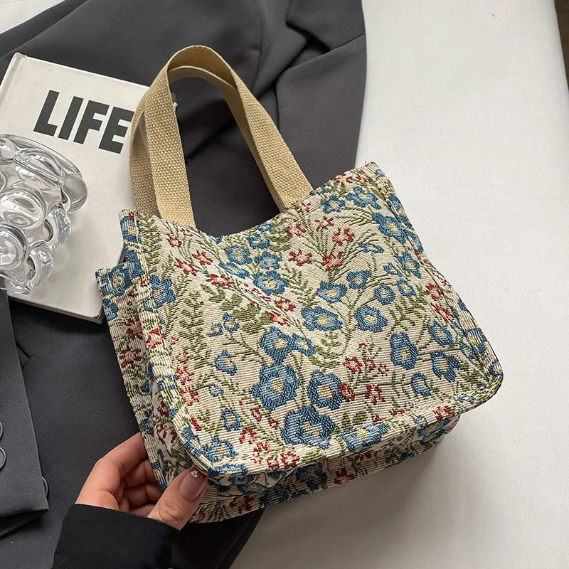 Ladies Shopping Bag Flower Pattern Flax Tote Bag