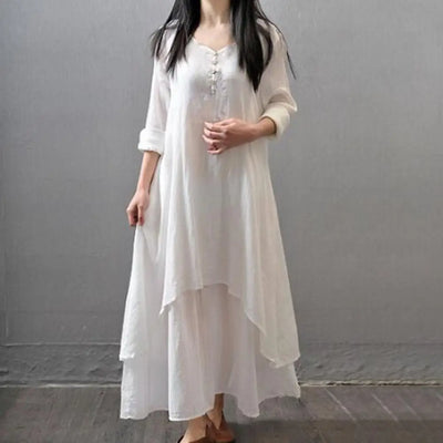 Women Elegant Linen White Dresses Bohemia Layering Vintage Robe Long Sleeve Loose Long Dress Female Autumn Vestidos