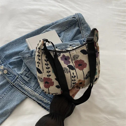 Fashion Linen Fabric Bucket Bag Floral Crossbody Bag
