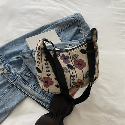 Fashion Linen Fabric Bucket Bag Floral Crossbody Bag