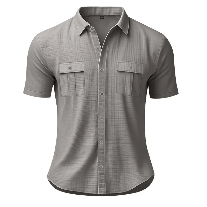 Men's Cotton Linen Short-Sleeved Shirt Summer Solid Color
