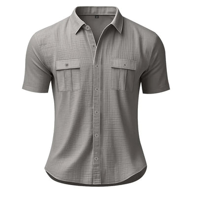 Men's Cotton Linen Short-Sleeved Shirt Summer Solid Color