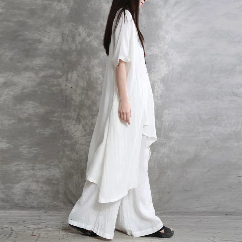 Women Cotton Linen Pant Sets 2 Pieces Casual Half Sleeve Solid Loose Blouse&High Elastic Waist Wide Leg Full Trousers Suits