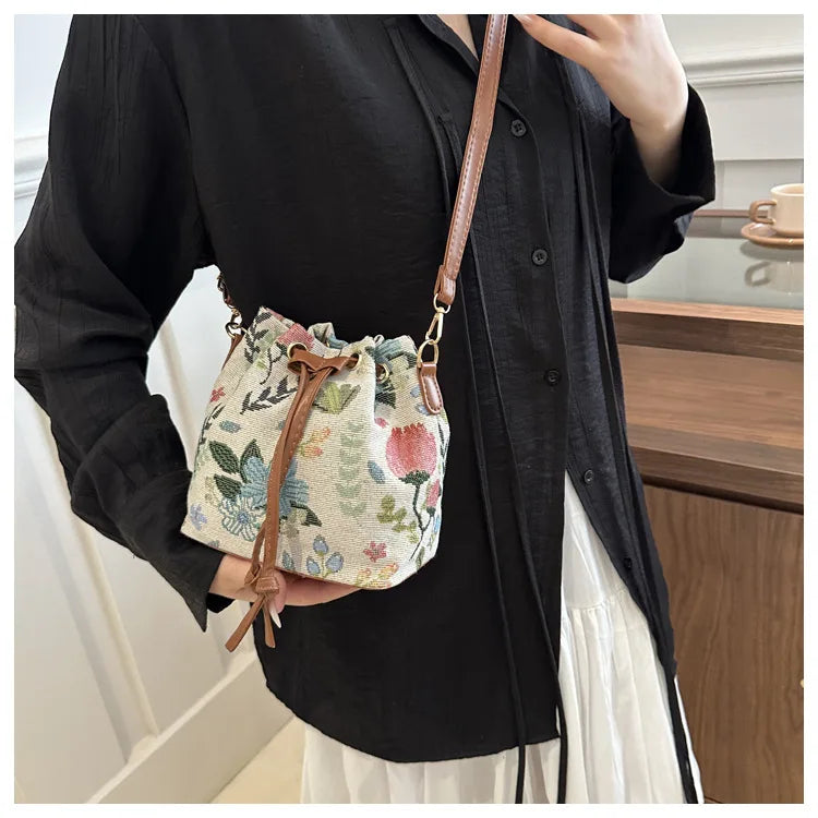 Fashion Linen Fabric Bucket Bag Floral Crossbody Bag
