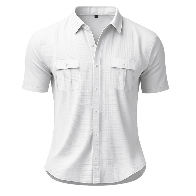 Men's Cotton Linen Short-Sleeved Shirt Summer Solid Color