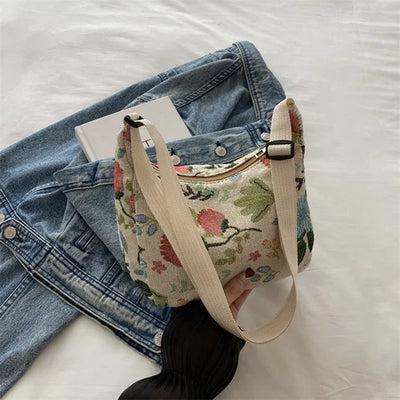 Fashion Linen Fabric Bucket Bag Floral Crossbody Bag