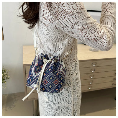 Fashion Linen Fabric Bucket Bag Floral Crossbody Bag