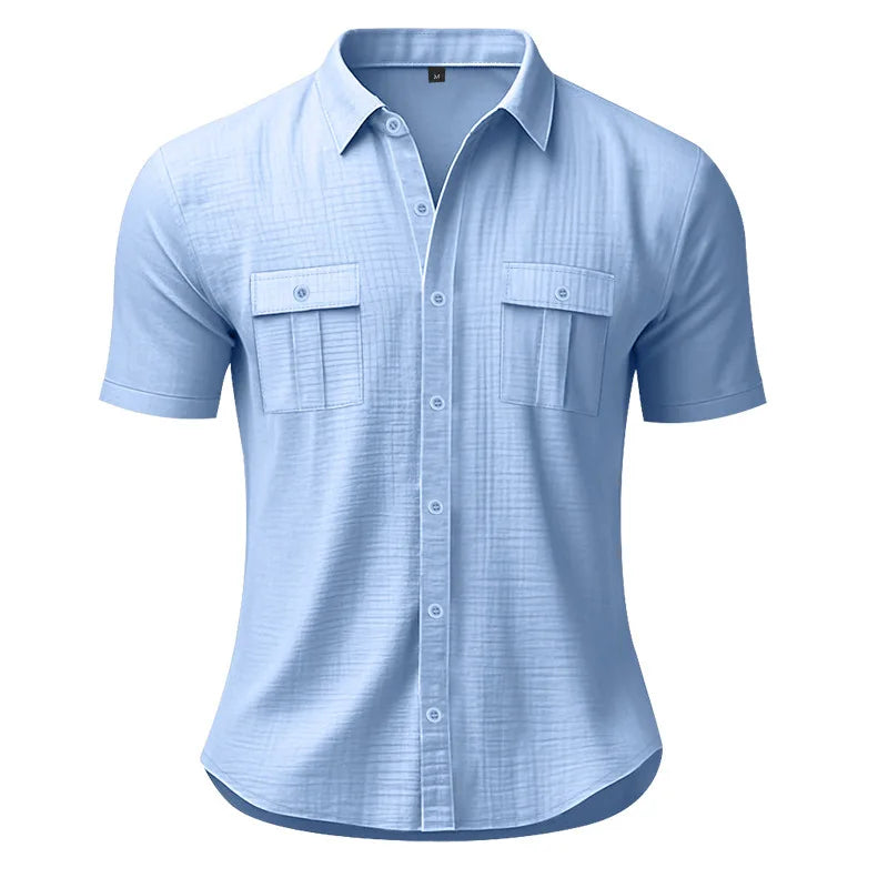 Men's Cotton Linen Short-Sleeved Shirt Summer Solid Color