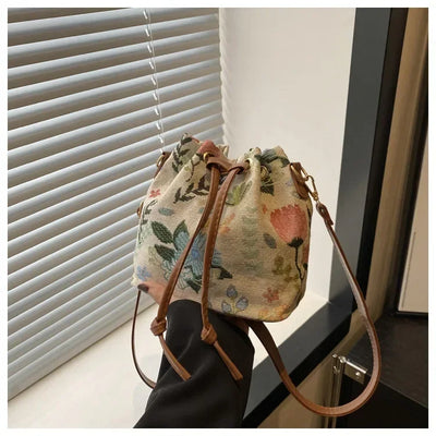 Fashion Linen Fabric Bucket Bag Floral Crossbody Bag