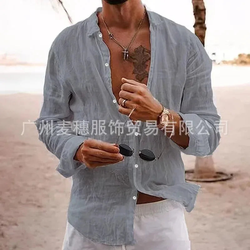 2025 Men's Cotton Linen Shirts Top Simple Laple Solid  Man Shirts Tops Comfortable Loose Casual Holiday Shirts for Men Blouses