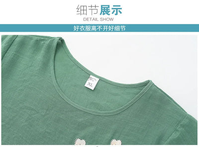 Grandma's Summer Home Suit Printed Middle Aged Mother Pajamas Short Sleeved Cotton Linen Sleepwear Women Two-Piece Set XL-4XL