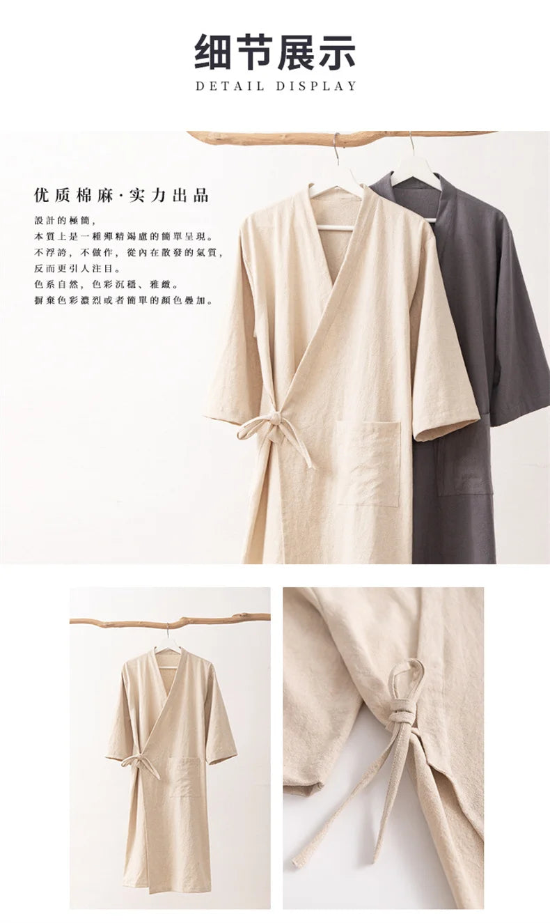 Women's Kimono with Sashes Cotton Linen Solid Long Sleeve Autumn Bathrobe V Neck Japanese Style Bathrobe Loose Solid Color