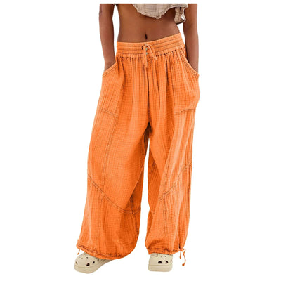 Beach Linen Pants Women Wide Leg Harem Pant High Waist Button Drawstring Palazzo Loose plus Size Pant with Pocket