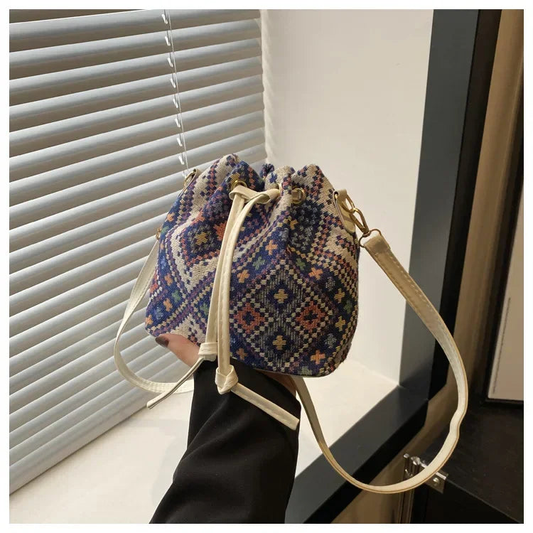Fashion Linen Fabric Bucket Bag Floral Crossbody Bag