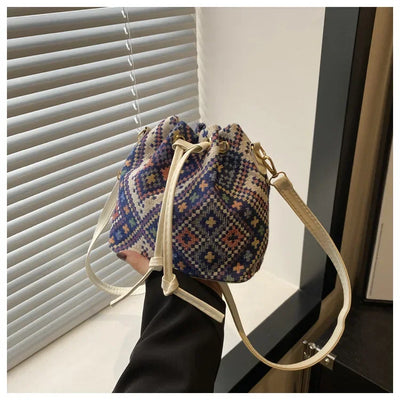 Fashion Linen Fabric Bucket Bag Floral Crossbody Bag