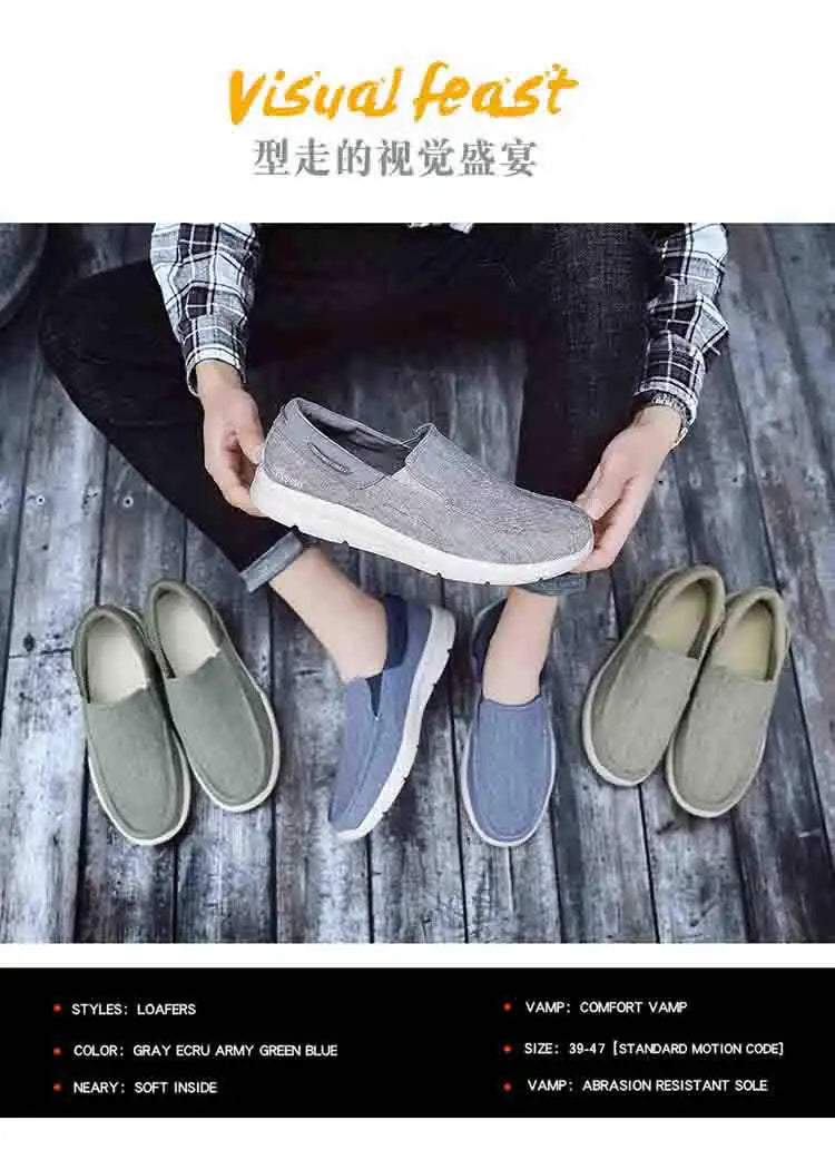 Men’s Summer Breathable Canvas Shoes Lightweight Slip-On Casual Flats