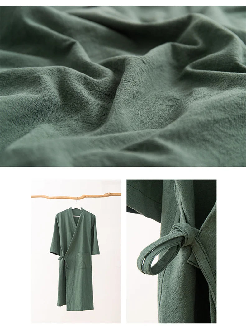 Women's Kimono with Sashes Cotton Linen Solid Long Sleeve Autumn Bathrobe V Neck Japanese Style Bathrobe Loose Solid Color