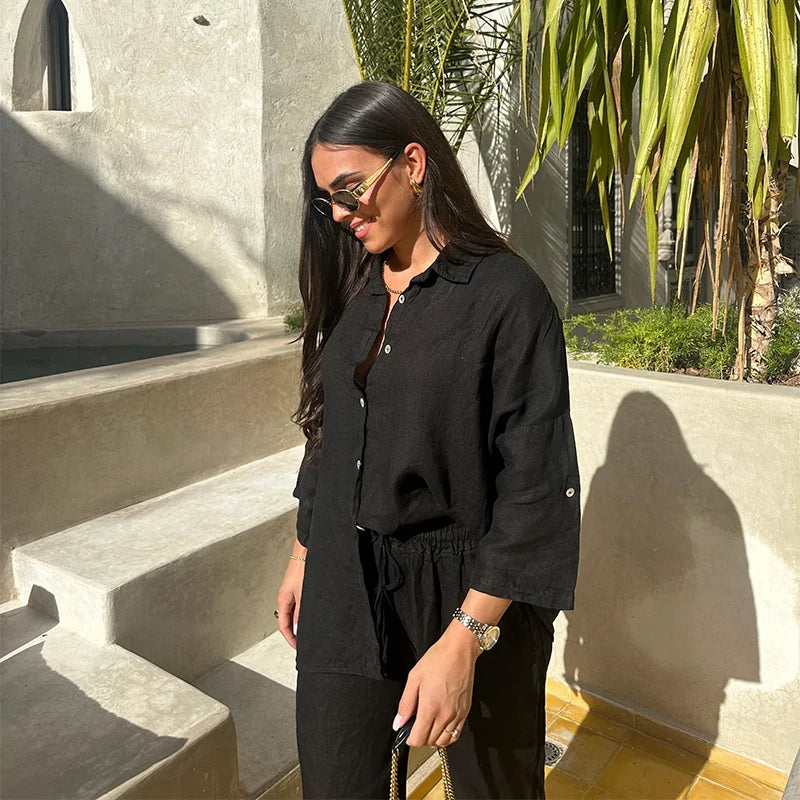 Cotton Linen Oversize Two Piece Ladies Set Casual Lapel Female Shirt Suits Wide Leg Pant Spring New In Matching Women Outfits