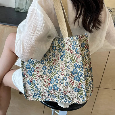 Ladies Shopping Bag Flower Pattern Flax Tote Bag