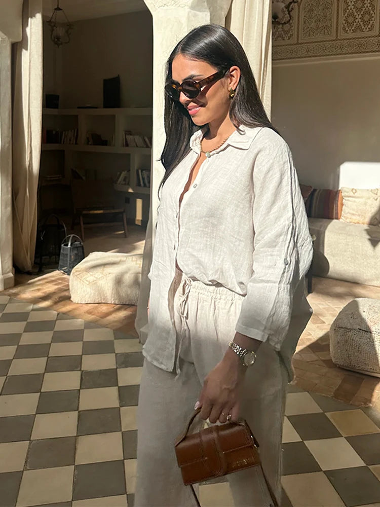 Cotton Linen Oversize Two Piece Ladies Set Casual Lapel Female Shirt Suits Wide Leg Pant Spring New In Matching Women Outfits