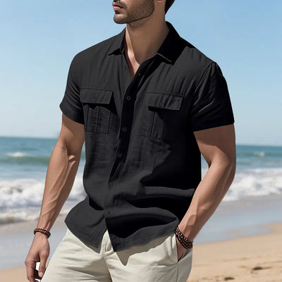 Men's Cotton Linen Short-Sleeved Shirt Summer Solid Color