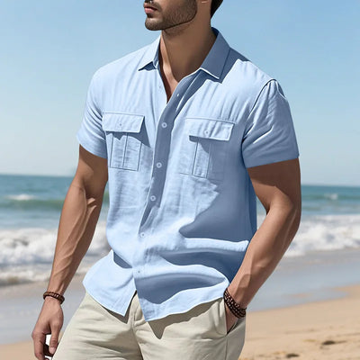 Men's Cotton Linen Short-Sleeved Shirt Summer Solid Color