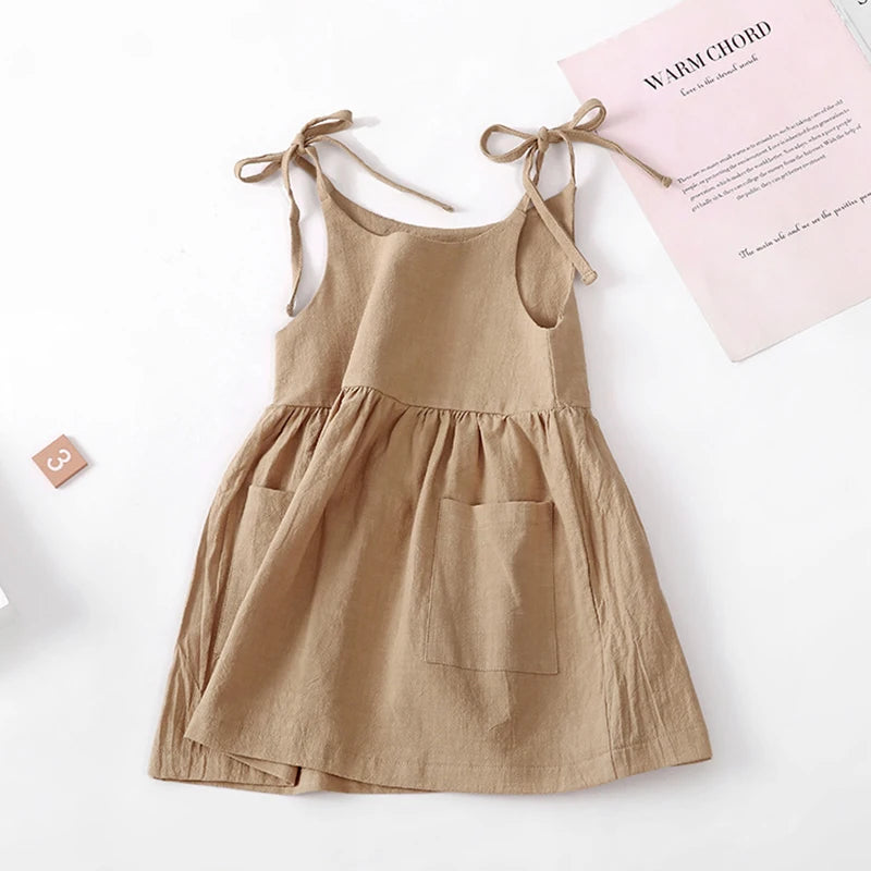 Kids Girls Summer Cotton Princess Dress Linen Suspenders