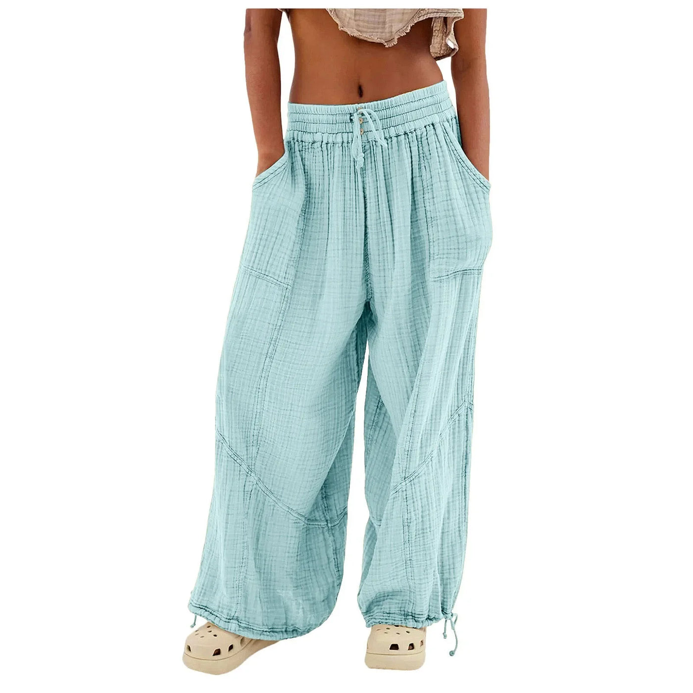 Beach Linen Pants Women Wide Leg Harem Pant High Waist Button Drawstring Palazzo Loose plus Size Pant with Pocket