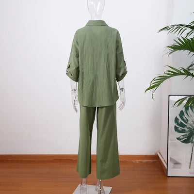 Cotton Linen Oversize Two Piece Ladies Set Casual Lapel Female Shirt Suits Wide Leg Pant Spring New In Matching Women Outfits