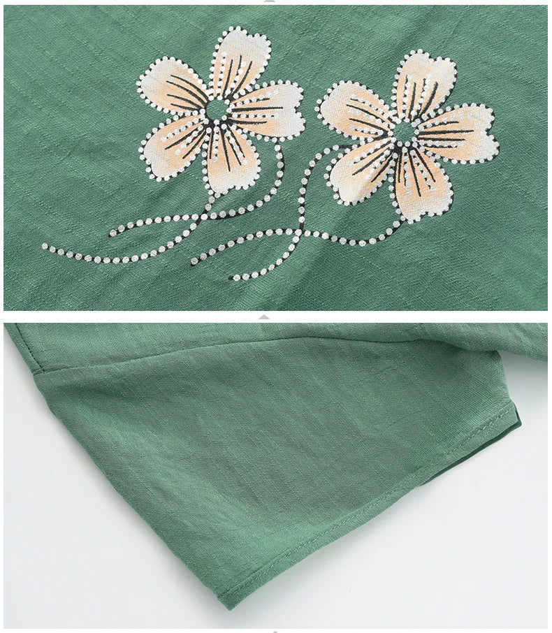 Grandma's Summer Home Suit Printed Middle Aged Mother Pajamas Short Sleeved Cotton Linen Sleepwear Women Two-Piece Set XL-4XL