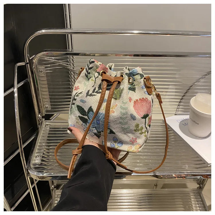 Fashion Linen Fabric Bucket Bag Floral Crossbody Bag