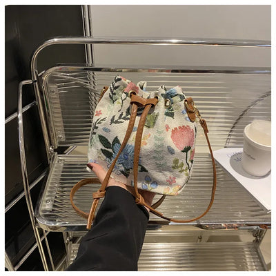 Fashion Linen Fabric Bucket Bag Floral Crossbody Bag