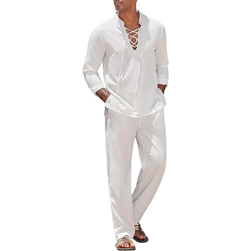 2pcs Set Men's Cotton Linen Shirt and Pants Suits