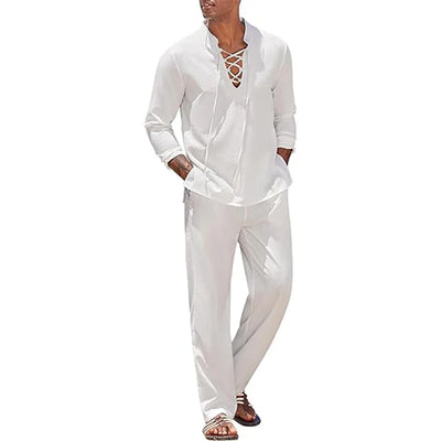 2pcs Set Men's Cotton Linen Shirt and Pants Suits