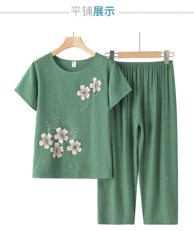 Grandma's Summer Home Suit Printed Middle Aged Mother Pajamas Short Sleeved Cotton Linen Sleepwear Women Two-Piece Set XL-4XL