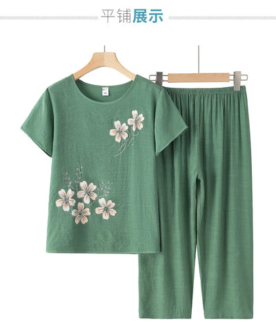Grandma's Summer Home Suit Printed Middle Aged Mother Pajamas Short Sleeved Cotton Linen Sleepwear Women Two-Piece Set XL-4XL