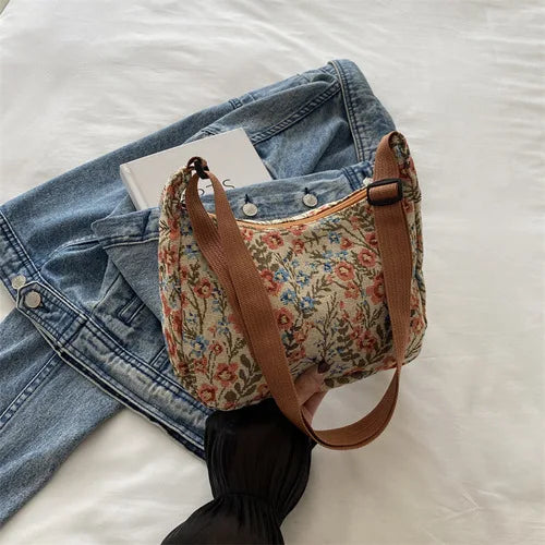 Fashion Linen Fabric Bucket Bag Floral Crossbody Bag