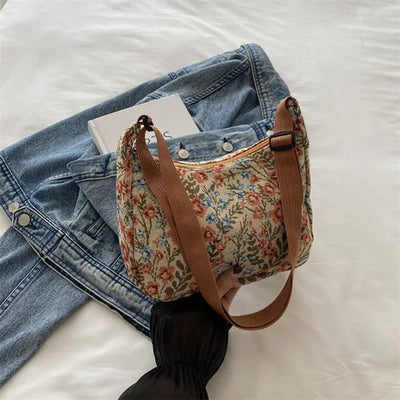 Fashion Linen Fabric Bucket Bag Floral Crossbody Bag