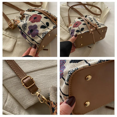 Fashion Linen Fabric Bucket Bag Floral Crossbody Bag