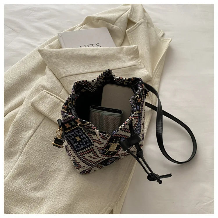 Fashion Linen Fabric Bucket Bag Floral Crossbody Bag