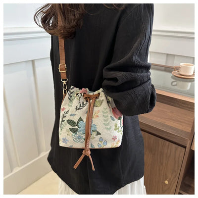 Fashion Linen Fabric Bucket Bag Floral Crossbody Bag