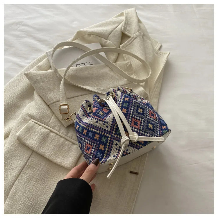 Fashion Linen Fabric Bucket Bag Floral Crossbody Bag