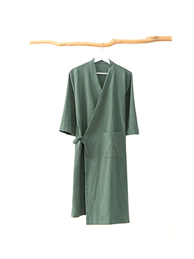 Women's Kimono with Sashes Cotton Linen Solid Long Sleeve Autumn Bathrobe V Neck Japanese Style Bathrobe Loose Solid Color