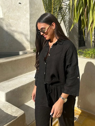 Cotton Linen Oversize Two Piece Ladies Set Casual Lapel Female Shirt Suits Wide Leg Pant Spring New In Matching Women Outfits
