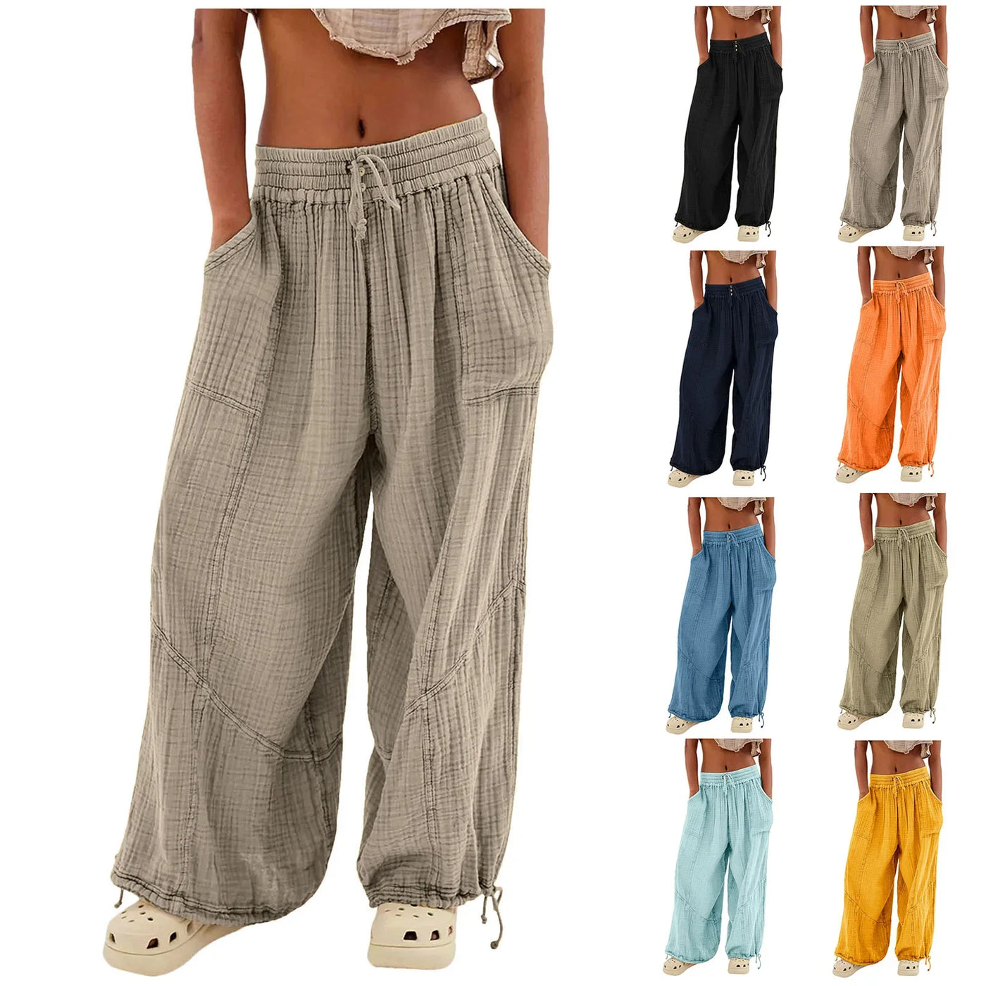 Beach Linen Pants Women Wide Leg Harem Pant High Waist Button Drawstring Palazzo Loose plus Size Pant with Pocket