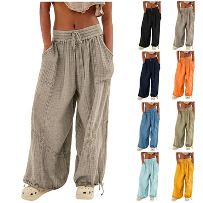 Beach Linen Pants Women Wide Leg Harem Pant High Waist Button Drawstring Palazzo Loose plus Size Pant with Pocket