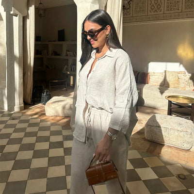 Cotton Linen Oversize Two Piece Ladies Set Casual Lapel Female Shirt Suits Wide Leg Pant Spring New In Matching Women Outfits