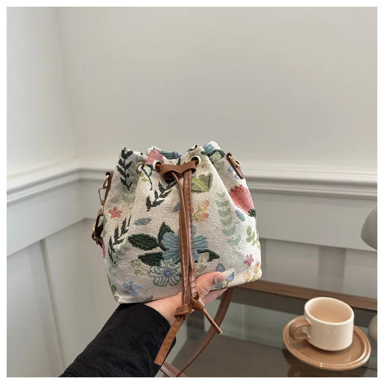 Fashion Linen Fabric Bucket Bag Floral Crossbody Bag