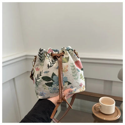 Fashion Linen Fabric Bucket Bag Floral Crossbody Bag
