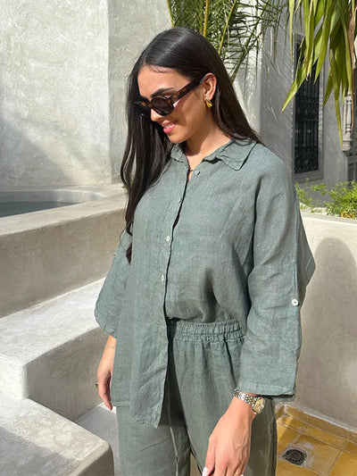 Cotton Linen Oversize Two Piece Ladies Set Casual Lapel Female Shirt Suits Wide Leg Pant Spring New In Matching Women Outfits